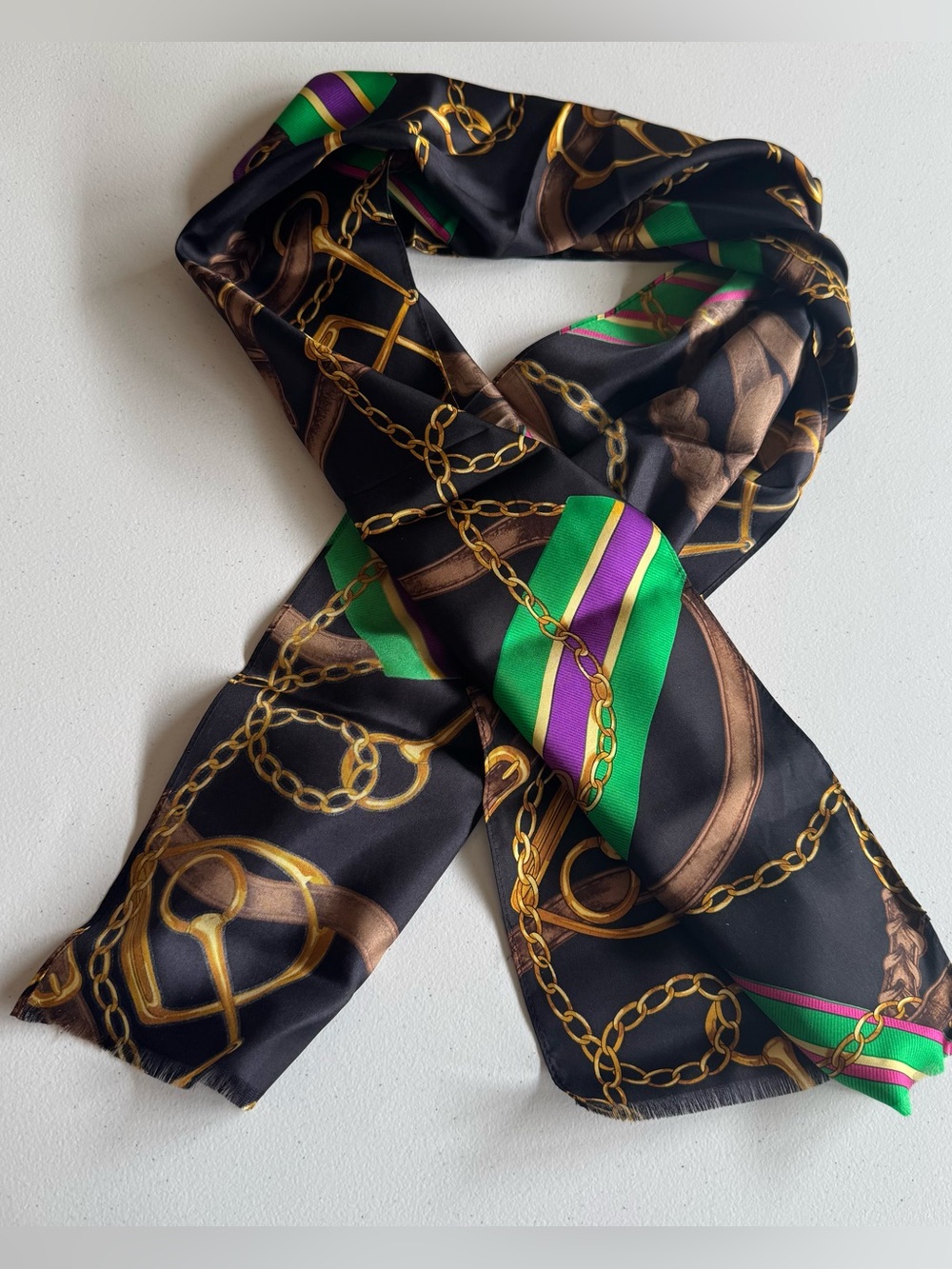 NWT Ralph Lauren Silk Scarf Equestrian Chain Print Black Gold Green Purple